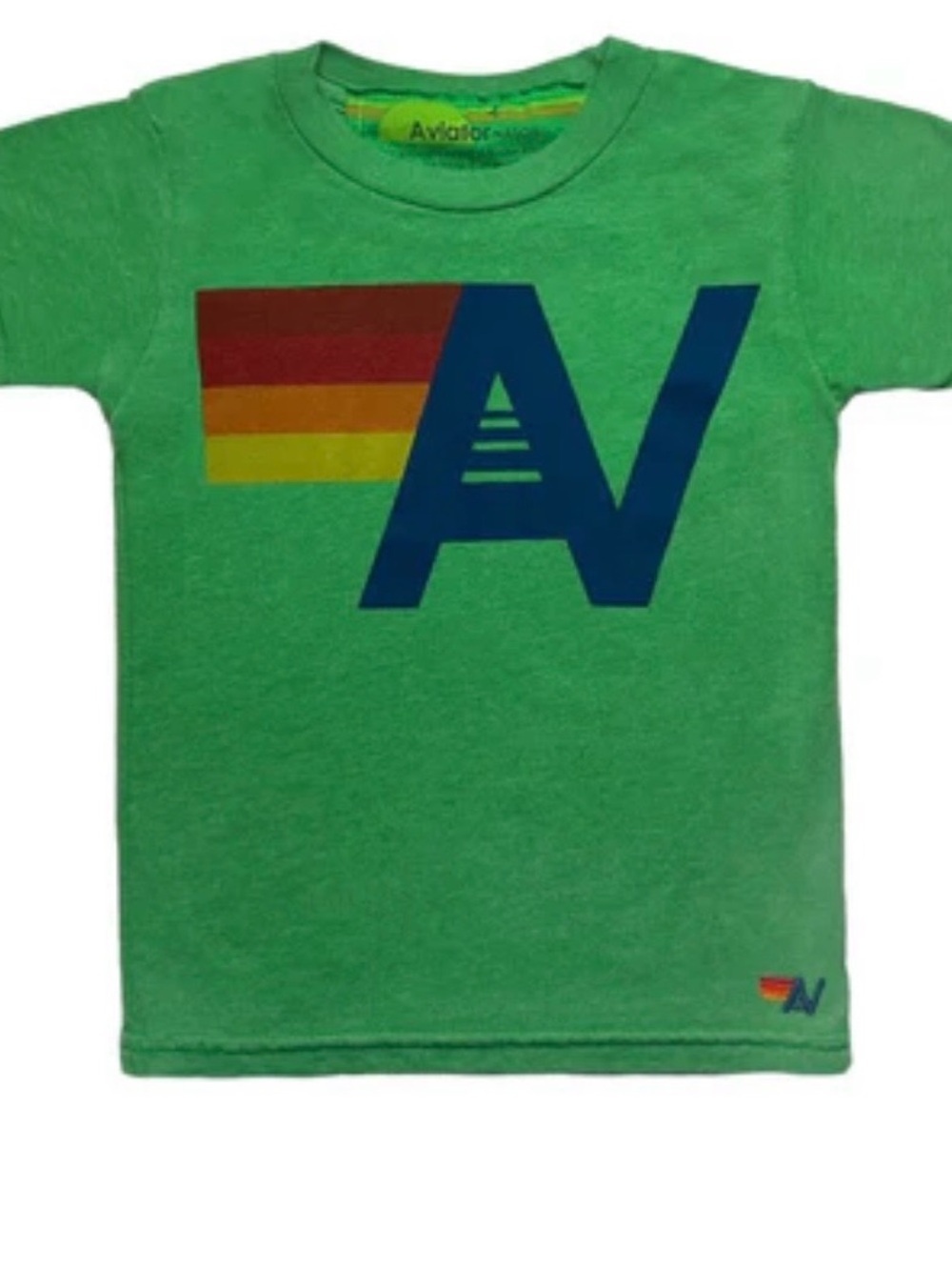 Aviator Nation Kids Green Tee with Navy Logo and Rainbow Stripe